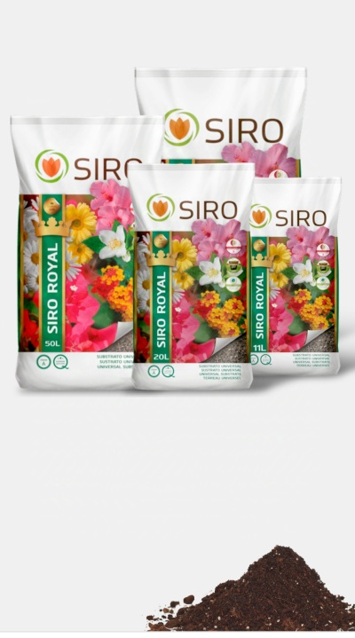 Sacolas de substrato SIRO ROYAL com várias capacidades e flores na embalagem.