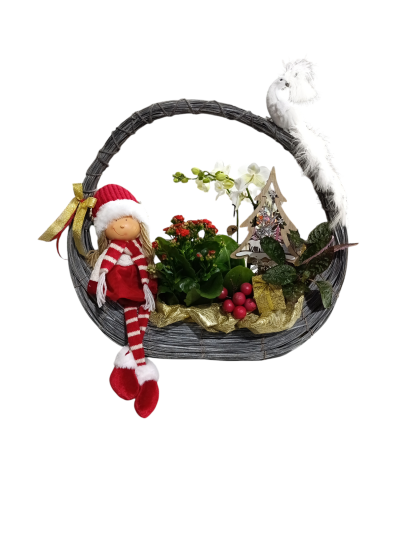 cesto decorativo de Natal com plantas, boneco de Natal e pássaro branco artificial