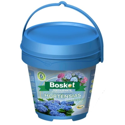 Balde azul de fertilizante para hortênsias Boskot com imagens de flores