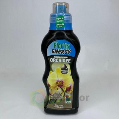 Frasco de fertilizante para orquídeas Florlis Energy com rótulo colorido
