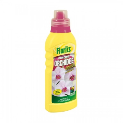 Frasco amarelo de fertilizante para orquídeas com tampa rosa e etiqueta colorida