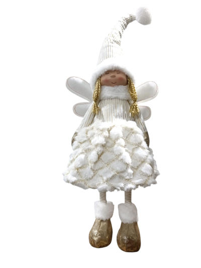 Boneca decorativa branca com chapéu comprido e botas douradas