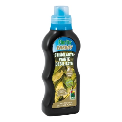 Frasco preto com tampa azul e rótulo com folhas e texto do produto Flortis Energy.