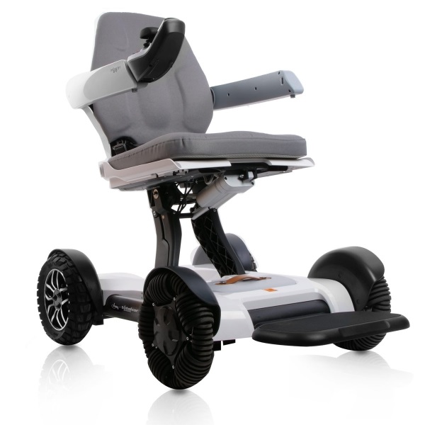 InfinitiX - O futuro em cadeira de rodas elétrica cadeira de rodas motorizada cinza e branca com rodas pretas