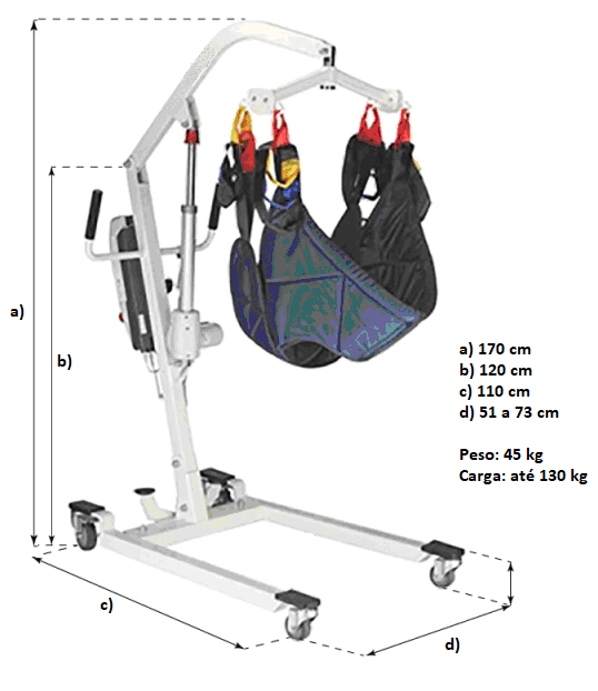 Grua elétrica de transferência com arnês tam L Alfa 321 Elevador de mobilidade metálico com assento suspenso em tecido e cintas coloridas