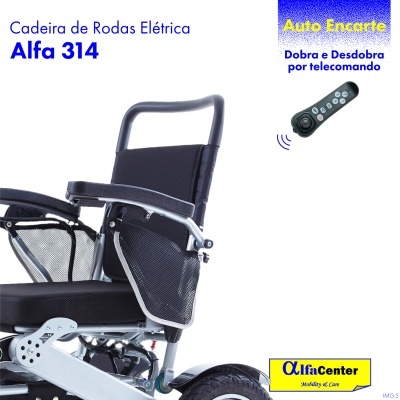 Cadeira de rodas elétrica Alfa 314 com comando remoto e texto descritivo