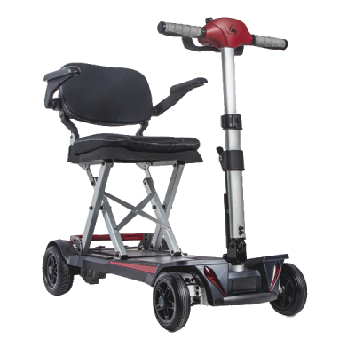Scooter elétrico dobrável com assento acolchoado preto e guiador vermelho