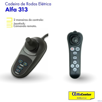 Comandos para cadeira de rodas elétrica Alfa 313 com joystick e controlos remotos.