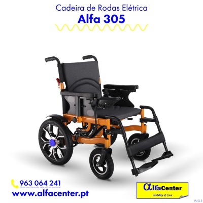 Cadeira de rodas elétrica Alfa 305 laranja e preta com texto promocional