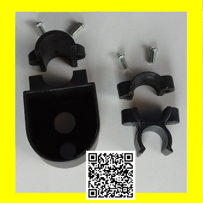 Fixadores de plástico preto com parafusos metálicos e código QR em fundo branco e amarelo