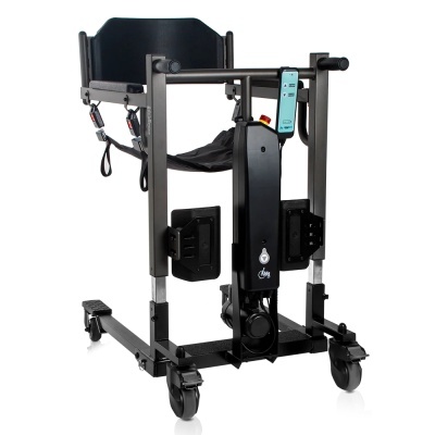 Equipamento médico de mobilidade preto com rodas e suporte ajustável