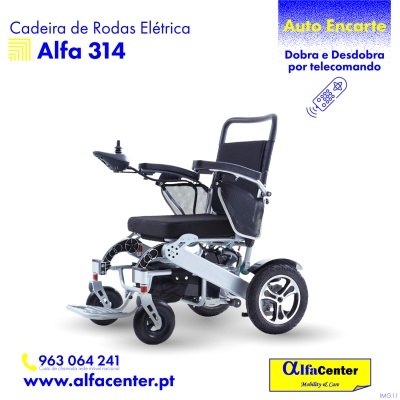 Cadeira de rodas elétrica Alfa 314 com texto promocional e informações de contacto