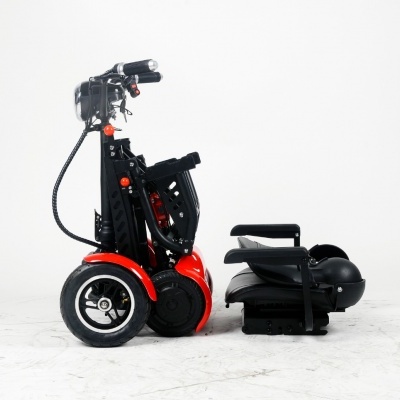 Scooter elétrico dobrável preto e vermelho com assento acolchoado preto