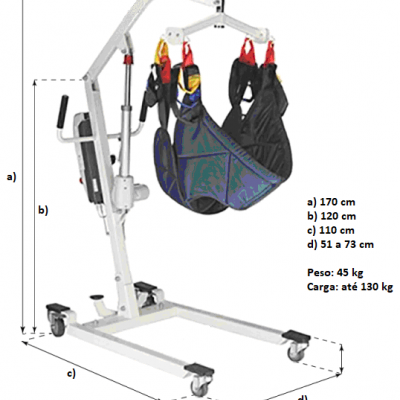 Elevador de mobilidade metálico com assento suspenso em tecido e cintas coloridas