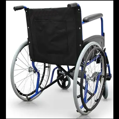 Cadeira de rodas manual azul com assento preto