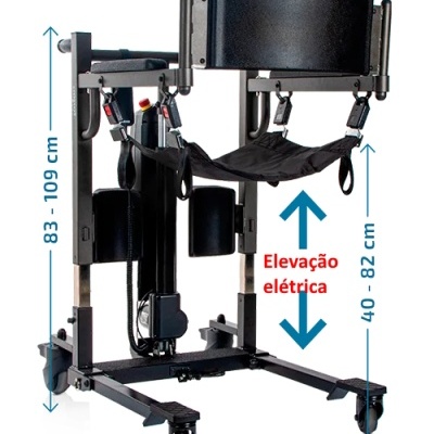 Aparelho de elevação elétrica com assento suspenso e estrutura metálica preta