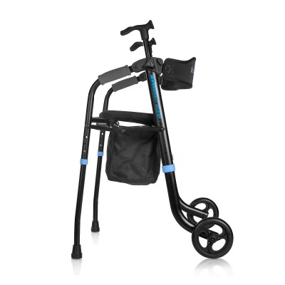 Andarilho dobrável preto com rodas e assento