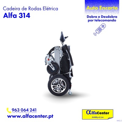 Cadeira de rodas elétrica dobrada com texto promocional ao lado