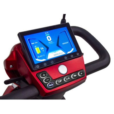 Painel digital colorido em guiador preto com borda vermelha e botões físicos