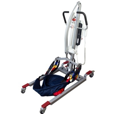 Elevador de pacientes metálico com arnês azul e rodas