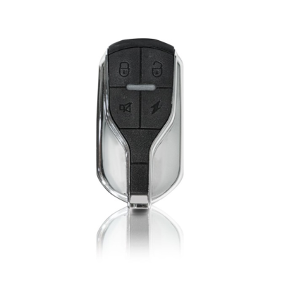 Comando de carro com quatro botões pretos e estrutura prateada