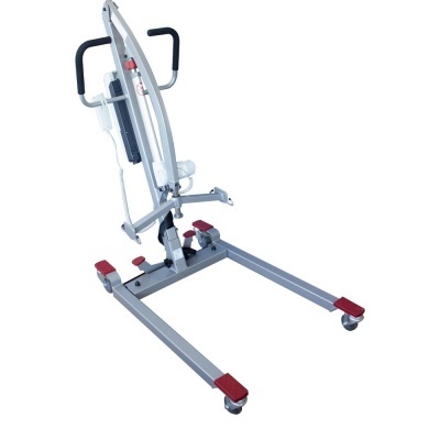 Aparelho de elevação para pessoas com estrutura metálica cinza e detalhes vermelhos