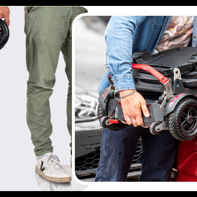 Carrinho de golfe dobrável preto com detalhes vermelhos e rodas pretas em uso