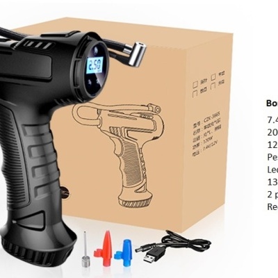 Bomba de ar portátil preta com display digital e vários adaptadores coloridos
