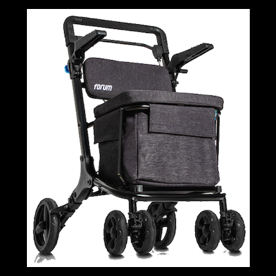Rollator preto com assento e bolsa cinza com logo FORUM