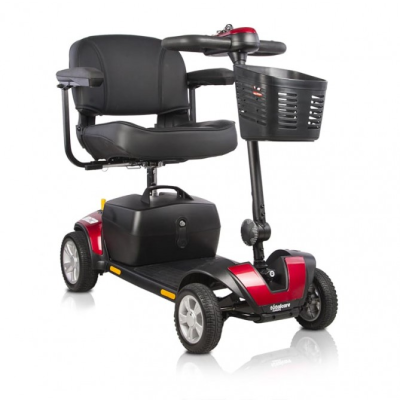 Scooter de mobilidade elétrica preto e vermelho com cesto frontal