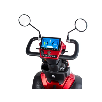 Painel digital azul em scooter vermelha com espelhos redondos