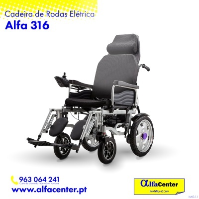 Cadeira de rodas elétrica Alfa 316 cinzenta com apoio de pernas e cabeça, com joystick