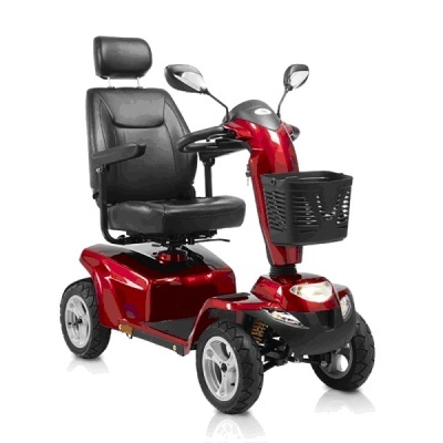 Scooter de mobilidade vermelha com assento preto e cesto frontal