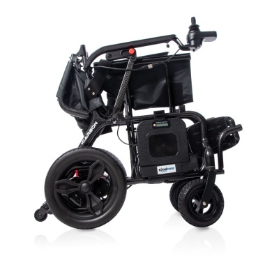 Cadeira de rodas elétrica dobrável preta com bateria e rodas grandes.