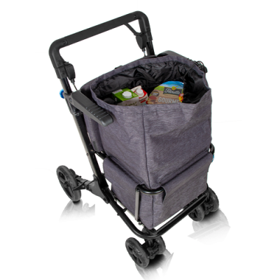 Carrinho de compras dobrável com bolsa cinzenta e produtos alimentares.