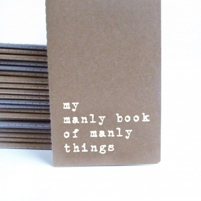 Livro com capa de cartão castanha com texto branco 'my manly book of manly things'.