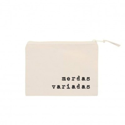 Bolsa de tecido bege com texto preto 'merdas variadas'