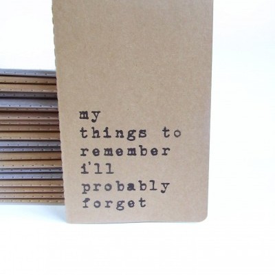 Caderno de capa castanha clara com texto preto 'my things to remember i'll probably forget'