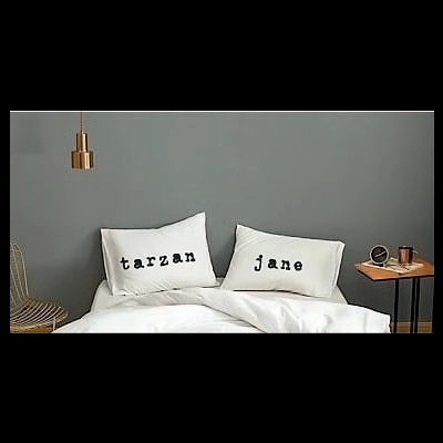 Duas almofadas brancas com texto preto 'tarzan' e 'jane' em cama com roupa branca em quarto cinza