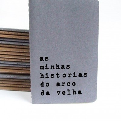 Caderno cinzento com texto preto e outros cadernos ao fundo.