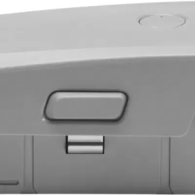 Caixa plástica cinzenta com tampa articulada e botão retangular