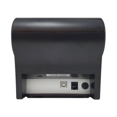 Impressora térmica preta vista de trás com portas de conexão