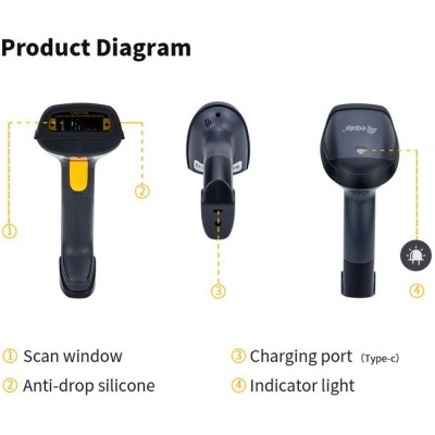 Diagrama do produto com leitor de código de barras e suas partes etiquetadas.