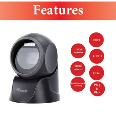 Leitor de códigos de barras preto equip com base e texto das funcionalidades