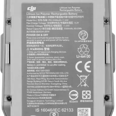 Bateria recarregável DJI cinzenta com etiqueta de informações e certificações