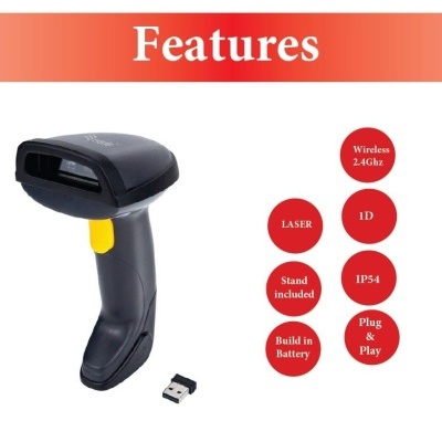 Leitor de código de barras preto com botão amarelo e dispositivo USB ao lado