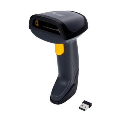 Leitor de código de barras preto com botão amarelo e recetor USB