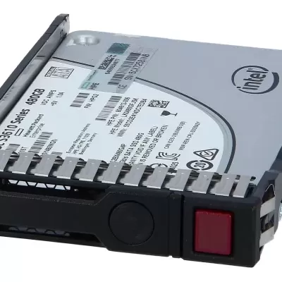 Disco SSD de 480 GB SATA com estrutura metálica e etiqueta branca Intel