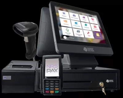 Sistema POS com ecrã tátil National Retail Solutions, leitor código barras, máquina pagamento NRS PAY e gaveta dinheiro