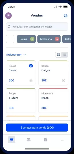 Interface de app móvel com lista de artigos para venda e preços